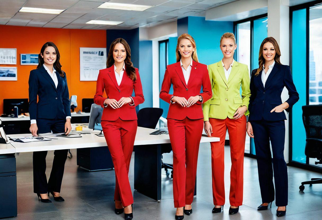 An elegant office setting showcasing diverse employees wearing stylish and modern corporate uniforms, seamlessly blending safety gear elements with contemporary fashion. The image features a vibrant color palette, highlighting various textures and details in the uniforms, complemented by a motivational backdrop of teamwork and professionalism. The scene captures a dynamic and inclusive workplace atmosphere. super-realistic. vibrant colors. modern design.