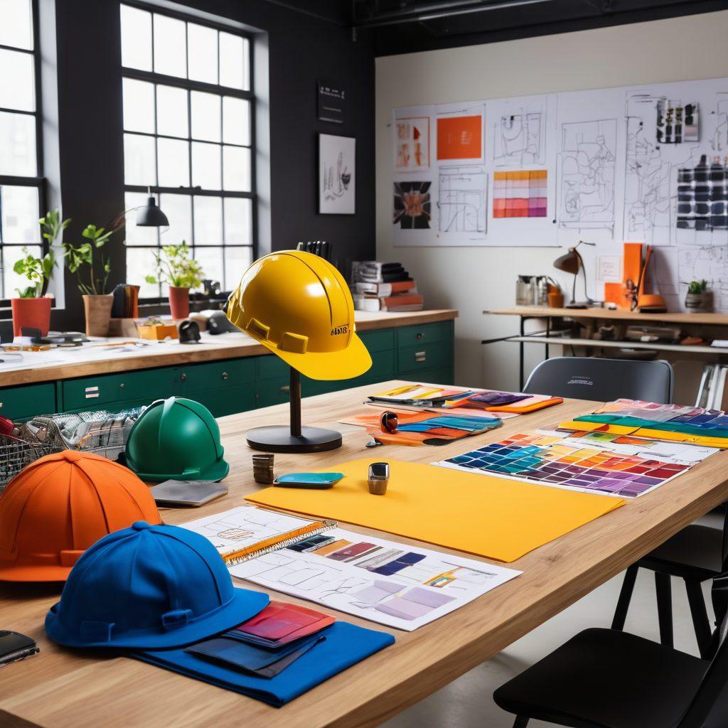 A stylish workspace featuring various pieces of customized workwear, including tailored uniforms, fashionable safety gear, and innovative accessories. The scene highlights a blend of functionality and fashion, showcasing vibrant colors and diverse styles. Include a designer sketching new concepts on a table filled with fabric swatches and tools. The background should enhance the creative atmosphere with motivational artwork. super-realistic. vibrant colors. modern aesthetic.