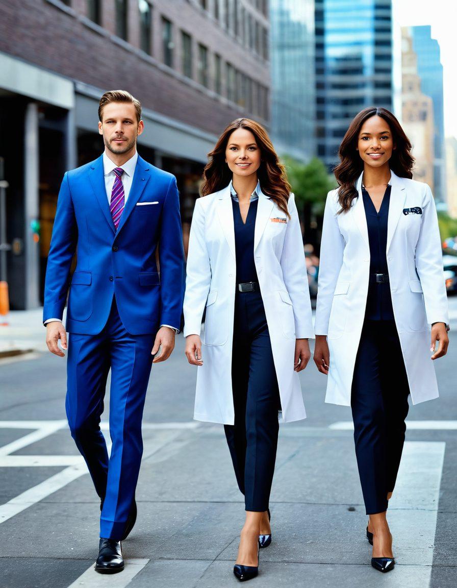 A dynamic scene showcasing diverse professionals in stylish, modern uniforms tailored for various jobs, including healthcare, technology, and hospitality. Each uniform reflects creativity and innovation with unique designs and colors, set against a futuristic urban backdrop. Incorporate elements like tools of the trade, digital devices, and playful accessories to emphasize versatility. Bright, engaging atmosphere highlighting collaboration and progress. super-realistic. vibrant colors. urban background.